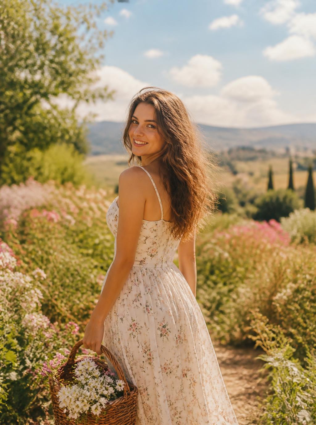 A sunny candid prompt example — a woman in a sundress in a blooming garden